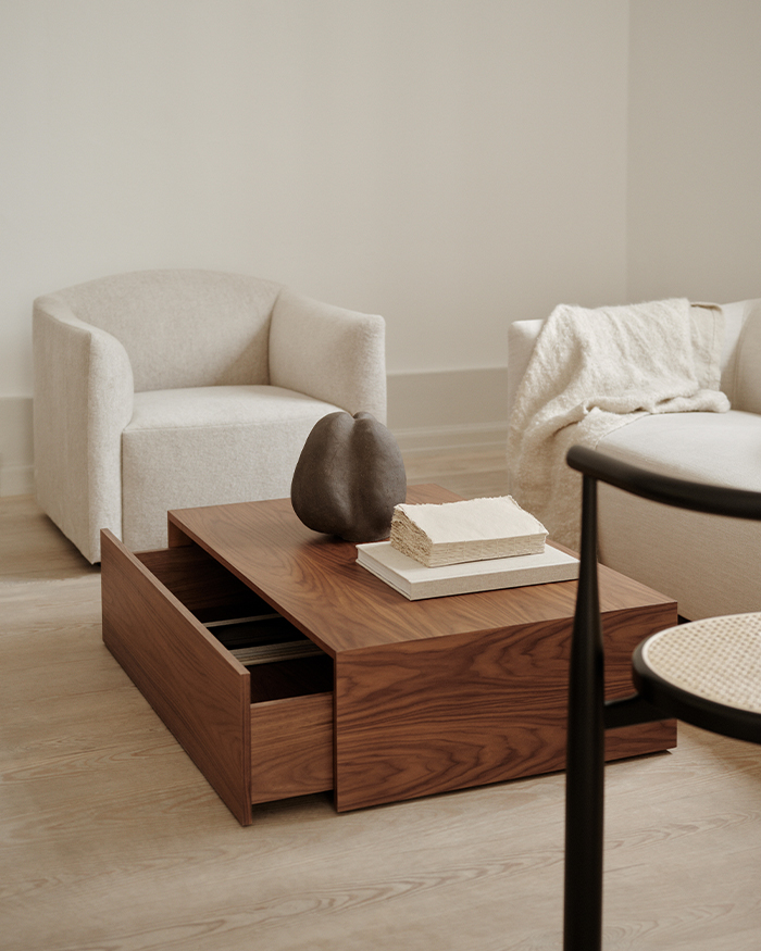 Mass High coffee table with drawer, walnut